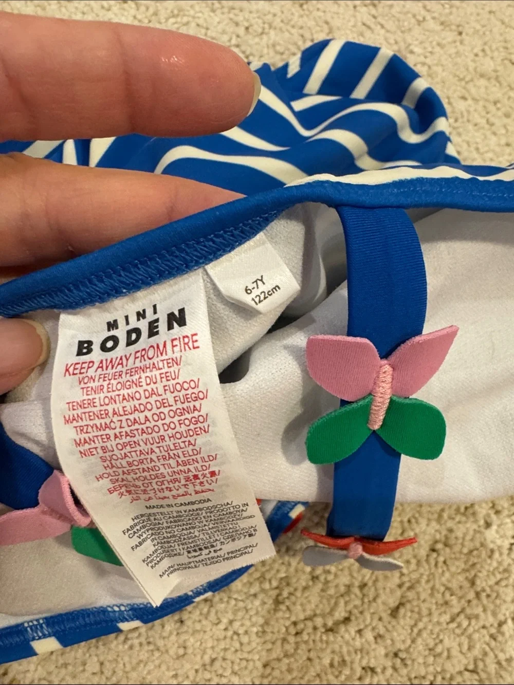 Mini Boden Blue and White Striped One-Piece with Butterfly Strap Accents